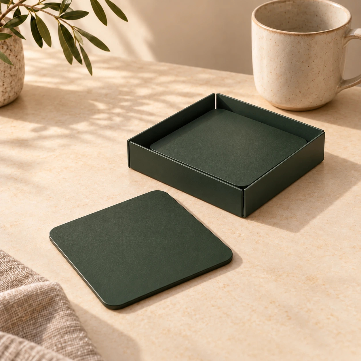 Metal Coaster Set + Holder in Forest, concept image